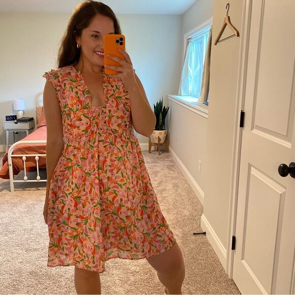 Banjanan Pink Peach Cotton Floral Mini Dress Medium - Picture 4 of 15